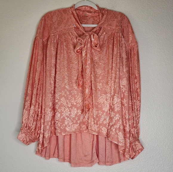 Free People Coral Lucca Tie Neck Jacquard Blouse - Picture 2 of 6